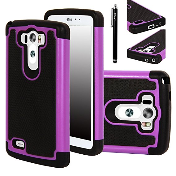E LV Shock-Absorption Hybrid Dual Layer Armor Defender Full Body Protection Case for LG G3 D830 / D850 / D851 / VS985 Bundle with Black Stylus, Screen Protector and Microfiber Digital Cleaner - Purple
