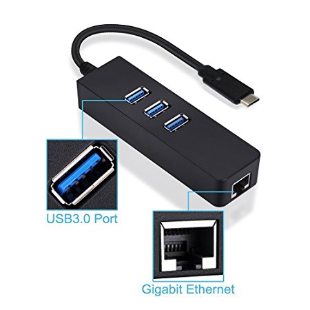 Top-Longer USB-C Hub High Speed Adapter with RJ45 LAN Ports Hub - USB 3.1 Type C to 3 Ports USB 3.0 Hub with 10/100/1000 Gigabit Ethernet Lan Hub Network Adapter for USB 3.1 Type C Supported Devices (Black)