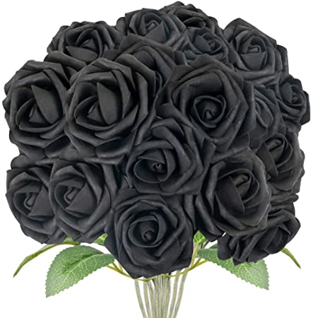 Johouse 30 PCS Artificial Rose Flowers, Black Roses Faux Roses Single Stem Fake Flowers for DIY Wedding Bouquets Halloween Party Favor Home Decor, 3 Size with 2 Leaves