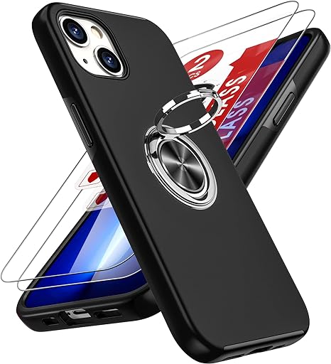 LeYi for iPhone 13 Case : and 2 Tempered Glass Screen Protector, with 360 Ring Holder Stand Magnetic Shockproof Heavy Duty Protective Phone Cover for i Phone 13 Black