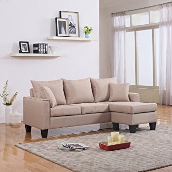 Modern Linen Fabric Small Space Sectional Sofa with Reversible Chaise (Apricot)