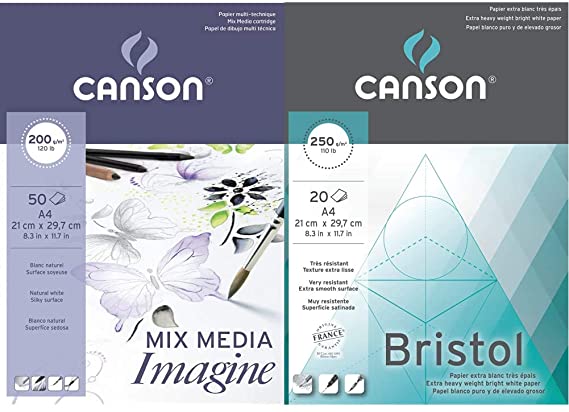 Canson Imagine Mixed Media 200gsm Paper, Natural White, A4 pad Including 50 Sheets & Bristol 250gsm Paper, high-White & Ultra-Smooth, A4 pad Including 20 Sheets