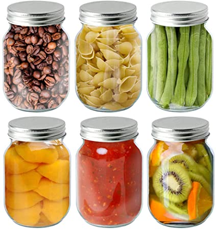 TGJOR Mason Jars 16 OZ with Airtight lid. 6 Pack Canning Jars perfect for Fermenting, Jam, Honey, Wedding Favors and Baby Foods, Freezing and Dishwasher Safe with Label & Pen (regular mouth)