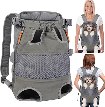 Grey Dog Carrier Backpack - Legs Out Front - Facing Pet Carrier Backpack for Small Medium Large Dogs, Airline Approved Handsa - Canvas Mesh Free Cat Travel Bag for Walking Hiking Bike and Motorcycle