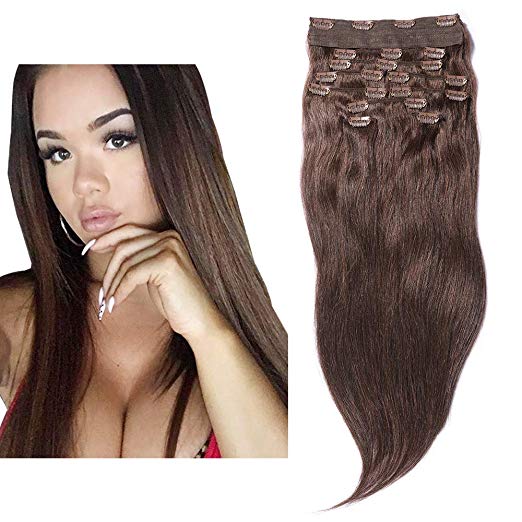 YONNA Remy Human Hair Clip in Extensions Double Weft Long Soft Straight 10 Pieces Thick to Ends Full Head Medium Brown #4 18inch 200g