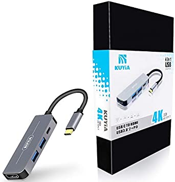 USB C hub, 4K USB C to HDMI, 2 USB C to USB 3.0 and FlashDrive, Type C Hub USB-C power adapter, suitable for MacBook Pro, Chromebook, Deal XPS and Samsung Galaxy S8/S8 /S9/S9 /Note 8 (4 silver ports)