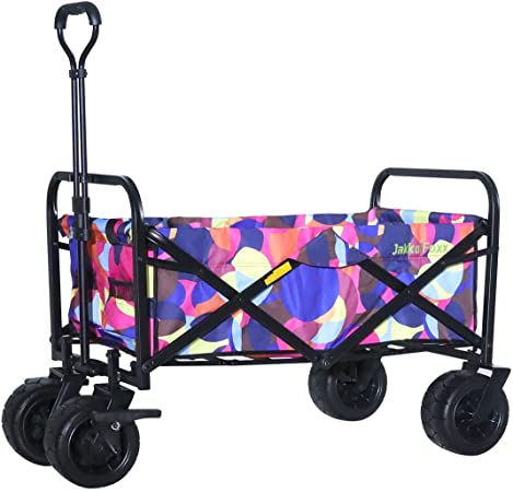 Collapsible Folding Garden Outdoor Park Utility Wagon Picnic Camping Cart with 7“ Bearing Fat Wheel and Brake (Standard Size 7" Color Heavy Duty Wheels)