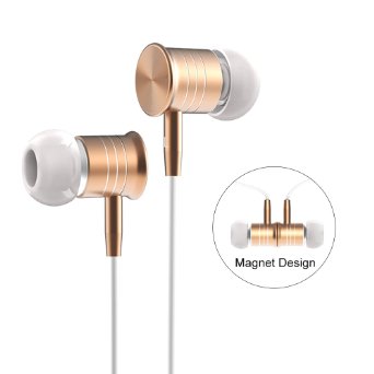 Langsdom® i8 Magnet Attraction Metal Sweatproof Earbuds,Stereo In-line Control Wired Earphone with Microphone for iPhone iPad iPod, Android Compatible (Gold)
