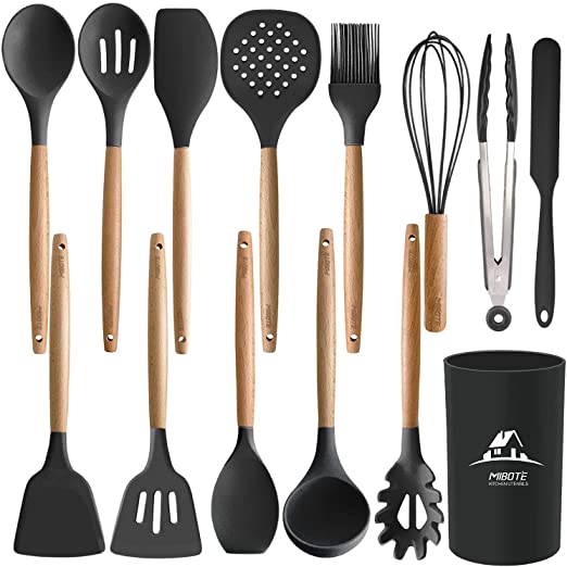 MIBOTE 14PCS Silicone Cooking Kitchen Utensils Set with Holder, Wooden Handles BPA Free Non Toxic Silicone Turner Tongs Spatula Spoon Kitchen Gadgets Utensil Set for Nonstick Cookware (4-Grey)