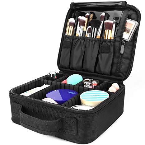 AMASAVA Cosmetic Bag, Makeup Train Case Travel Makeup Box 10'' Portable Toiletry Organizer Tool Artist Storage Bag Brushes Bag with Adjustable Dividers Black