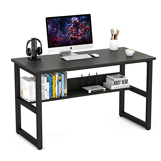 Computer Desk, LASUAVY Office Study Desk Computer PC Laptop Table Workstation with Steel Frame and Bookshelf for Home Office, Black Wood Grain