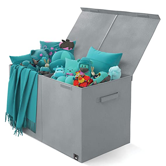 Toy Chest - 2 Bin Collapsible Storage Organizer with Lid for Kids Playroom | Box Stores Stuffed Animals, Linen, Groceries and More | The Oxford Collection, Gray