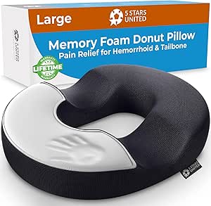 5 STARS UNITED Donut Pillow Hemorrhoid Tailbone Cushion – Large Black Seat Cushion Pain Relief for Coccyx, Prostate, Sciatica, Pelvic Floor, Pressure Sores, Pregnancy