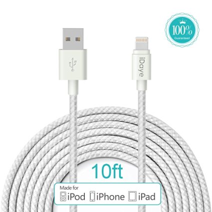 Apple Cable,Idaye®[Apple MFi Certified] 3M/10ft Nylon Braided Lightening to Charging Cord for iPhone 5 / 5s / 5c / 6 / 6 Plus/ 6s, iPod 7, iPad mini1/2/3, iPad Air / Air 2. (10ft-silver)