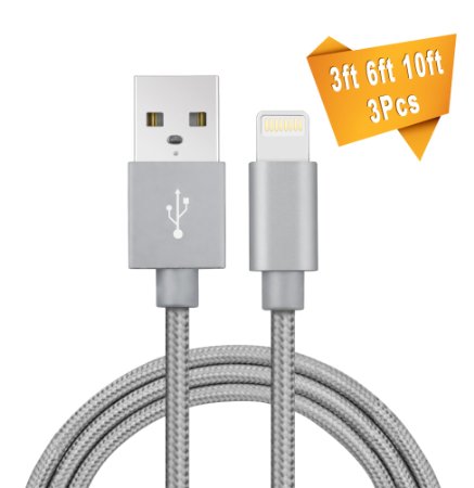 iPhone Charger, X-cable Nylon Braided Apple Lightning Cable USB Sync Cord for iPhone SE/ iPhone 6S 6/6s plus/6 Plus/5 5s 5c iPad Air 2 Mini 4 iPad Pro iPod Touch 5-3 Pack 3ft 6ft 10ft-Grey