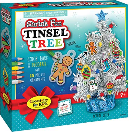 Creativity for Kids Shrink Fun Tinsel Tree - Decorate A Tiny Tree with Shrink Fun Ornaments - Holiday Crafts for Kids