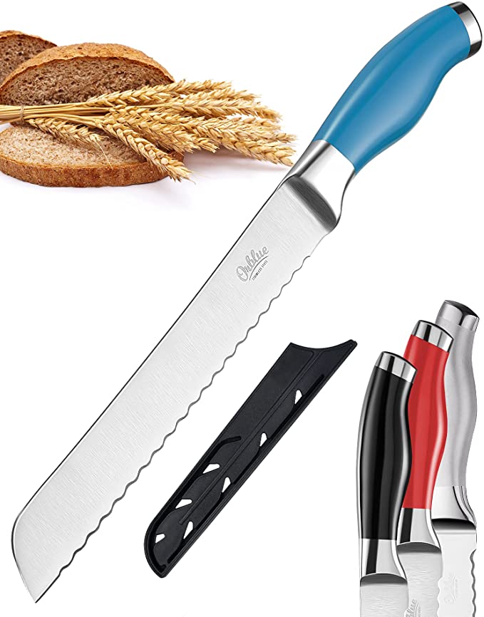 Orblue Serrated Bread Knife Ultra-Sharp Stainless Steel Professional Grade Bread Cutter - Cuts Thick Loaves Effortlessly - (8-Inch Blade with 4.9-Inch Handle), Blue