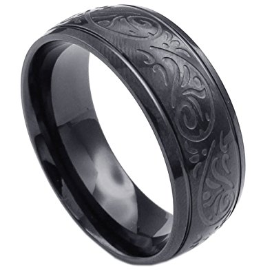 KONOV Mens Stainless Steel Ring, Engraved Florentine Design Charm 8mm Band, Black