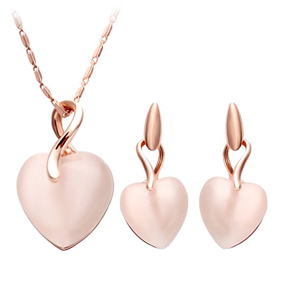 SENFAI Cute Peach Heart with Cat Eyes Opal Stone Pendant Necklace,Women Rose Gold Chain Necklace and Stud Earrings