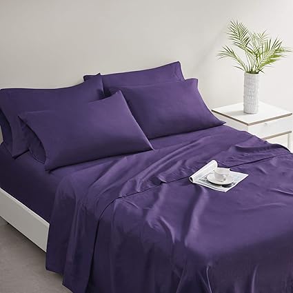 Comfort Spaces Microfiber Bed Sheets Set 14" Deep Pocket, Wrinkle Resistant, All Around Elastic - Year-Round Cozy Bedding Sheet, Matching Pillow Cases, Queen, Violet 6 Piece