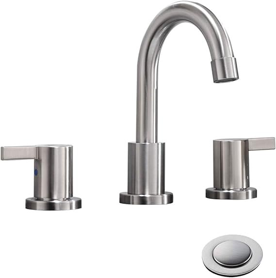 2 Handle 3 Hole 8 Inch Widespread Bathroom Faucet with Metal Pop-Up Drain by phiestina, Brushed Nickel, WF015-1-BN-3