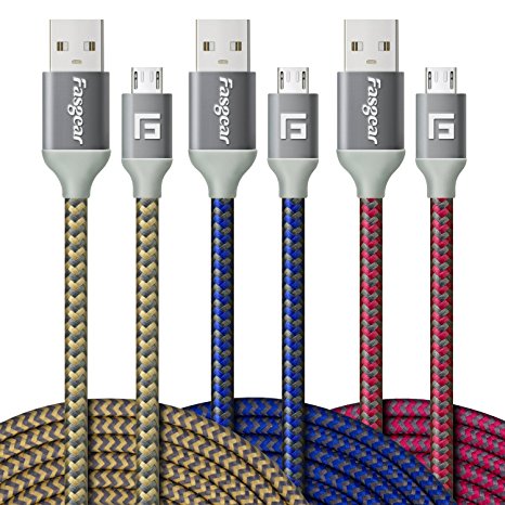 Micro USB Cable, 3 pcs (10ft/3M) Fasgear Nylon Braided Tangle-Free Fastest charger data colorful cable with Metal Connectors for Android, Samsung galaxy S6/S6 edge, HTC and more(Blue,Gold,Rose)