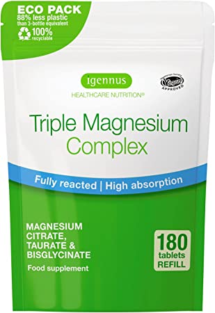 Triple Magnesium Complex, High Absorption Chelated Glycinate, Taurate & Citrate for Stress, Sleep, Migraine, Vegan, Fully Reacted, Pure & Oxide-Free, 90 Servings, by Igennus