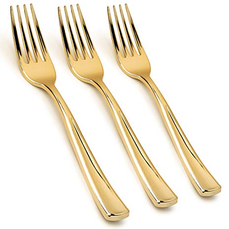100 - Disposable Gold Forks Looks Like Gold Plastic Silverware - Solid, Durable, Heavy Duty Cutlery