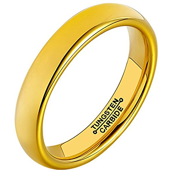 HSG Tungsten Carbide Women Ring 4mm 18k Gold Plated Domed Classic Polished Wedding Engagement Unisex Band