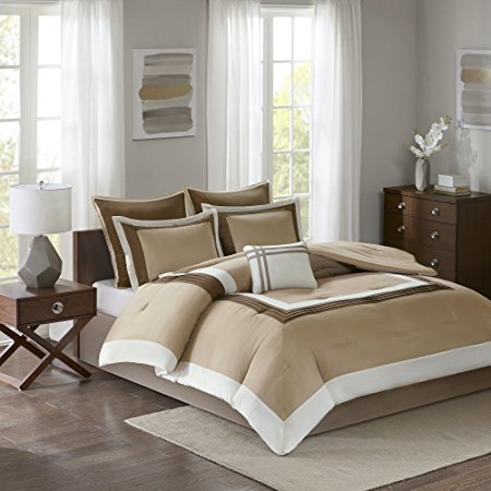 Comfort Spaces - Malcom Comforter Set - 7 Piece – Natural - Queen Size, Includes 1 Comforter, 2 Shams, 1 Bedskirt, 2 Euro Shams, 1 Decorative Pillow