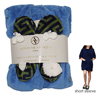 Adrienne Vittadini Women's Soft Plush Comfy Sherpa Lined House Bath Robe & Sherpa Printed Ballerina Slippers Set