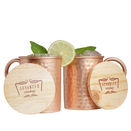 Advanced Mixology Moscow Mule 100 Pure Copper Mugs Set of 2- 16 Ounce with 2 Artisan Hand Crafted Wooden Coasters-Classic