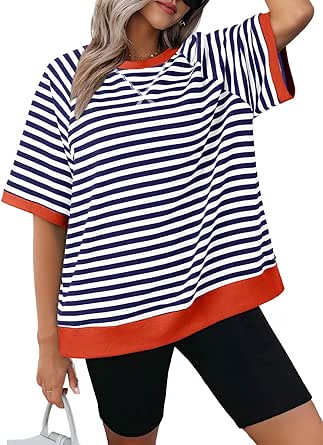 Dokotoo Oversized T Shirts for Women Striped Color Block Crewneck Short Sleeve Casual Summer Tops Lightweight Loose Blouses