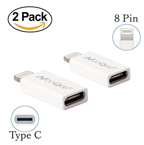 Type C to Lightning Adapter 2-Pack, NooQee Type C(USB C) to 8-Pin Lightning Charge and Sync Adapter - Charge your iPhone / iPad / iPod with Type C Cables - Works With iOS8, 9,10 Updates - White
