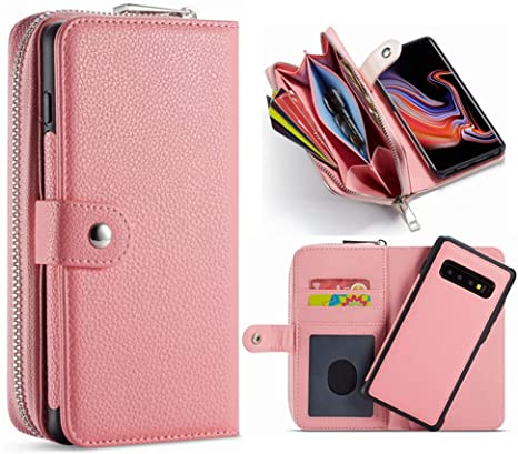 Galaxy S10 Plus Detachable Wallet Case,Hynice Leather Zipper Purse for Women Magnetic Removable Silm Cover with Strap Credit Holder Cash Pocket for Samsung Galaxy S10 Plus 6.4(Lichi-Pink, S10 Plus)