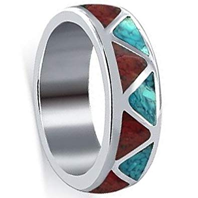 Men's 925 Sterling Silver Turquoise with Coral Gemstone Band Southwestern Style