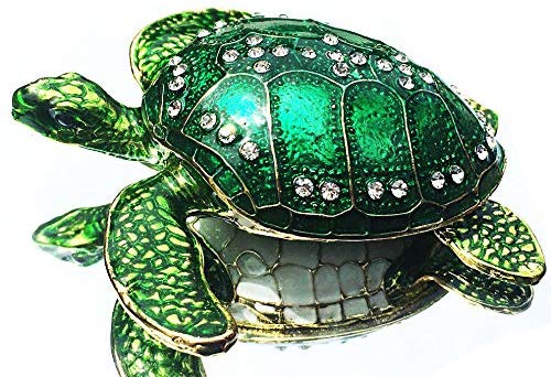 Waltz&F Sea Turtle Crystal Studded Pewter Jewelry Trinket Box Bejeweled Hand-Painted Ring Holder Mother`s Day Gift