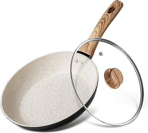 MICHELANGELO Small Frying Pan with Lid, Nonstick 8 inch Frying Pan with Bakelite Handle, Stone-Derived Nonstick 8 Inch Frying Pan White, White Stone Nonstick Frying Pan with Lid - 8 Inch