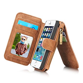 Felidio iPhone SE Wallet Case, Retro Genuine Leather Wallet Case for iPhone SE 5s 5, with Card Holder Zipper Magnetic Flip Detachable iPhone SE Case Cover [2 in 1], Brown
