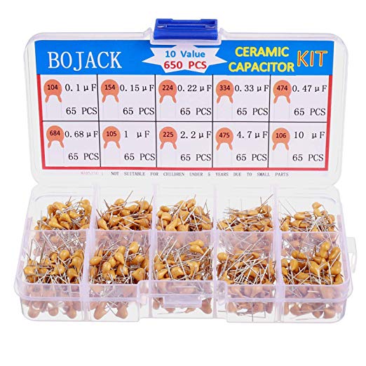 BOJACK 10 Type Values 650Pcs Ceramic Capacitor Assortment Kit Capacitors from 0.1uf/100 nF to 10 uF in a Box
