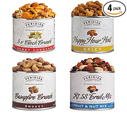 FERIDIES Snack and Trail Mix Assortment - (Pack of 4) Vacuum Sealed Tins (6-9ounces each)
