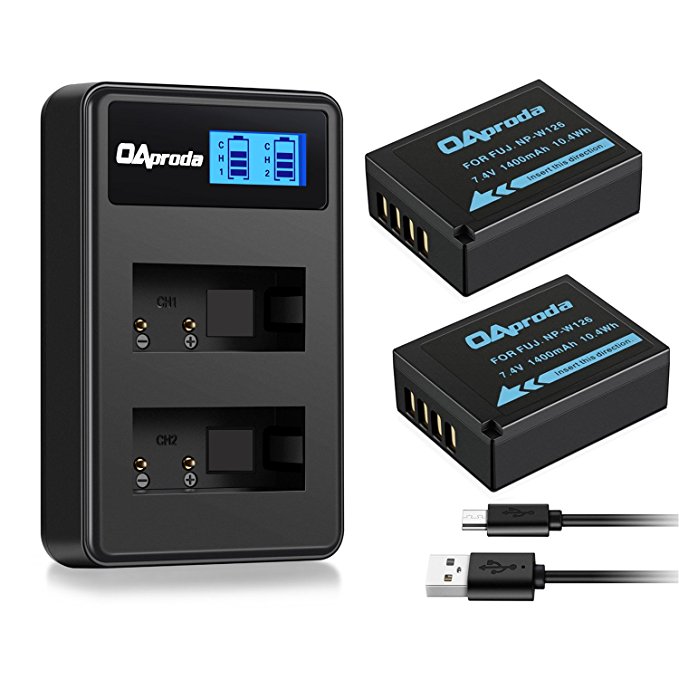 OAproda 2 Pack NP-W126 Battery and Smart LCD Display Dual USB Charger for Fujifilm NP-W126S and Fuji FinePix HS50EXR, HS33EXR, X-T20, X-T10, X100F, X-H1, X-A3, X-A1, X-E1, X-E2, X-M1, X-Pro2, X-Pro1