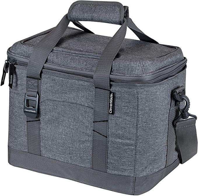 CleverMade Collapsible Soft Cooler Bag Tote - Insulated 30 Can Leakproof Small Cooler Box with Bottle Opener and Shoulder Strap for Lunch, Beach, and Picnic - Grey