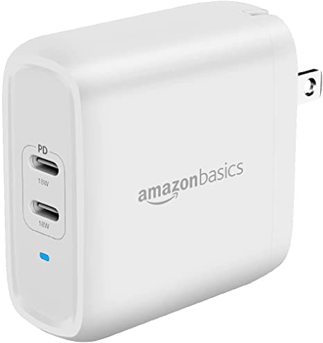 AmazonBasics 36W Two-Port USB-C Wall Charger for Tablets and Phones with Power Delivery - White