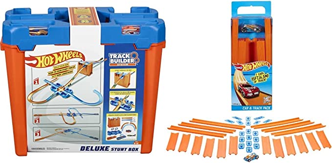 Hot Wheels Track Builder Stunt Box Gift Set Ages 6 to 12 & Track Builder Straight Track with Car [Styles May Vary]