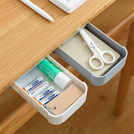 2 Pack Under Desk Drawer,Desk Organizer,Hidden Self-Adhesive Pencil Tray Drawer,Storage Box Small,Desktop Drawer Tray Stationery Pencil Storage Drawer Organizer for Office/School/Kitchen