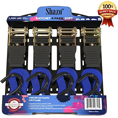 Heavy Duty 20 ft Ratchet Tie Down Straps, EXTRA LONG - 4 Pack - 500 Lbs Load Cap 1500lbs Break Strength, Weather Res, Cargo Straps for Moving Appliances, Equipment, Motorcycle - Ergonomic Grip