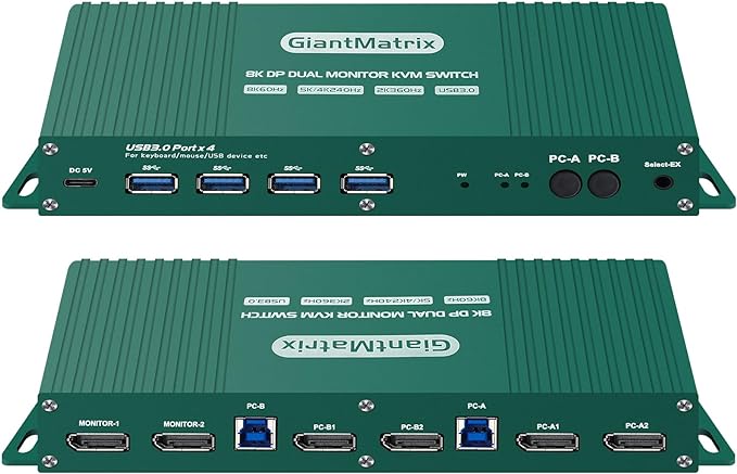 Displayport KVM Switch Dual Monitor 8K@60HZ ，1440P 120Hz 144Hz 165Hz 175Hz 240Hz,2 Port Kvm Switch 2 Monitors 2 Computers,DP2.0 Display Port kvm ，4 USB 3.0 Ports,Wired Remote and 4 Cables Included