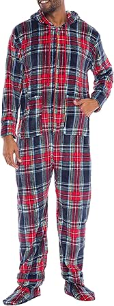 Alexander Del Rossa Adult Onesies for Men, Mens Onesie Pajamas Adults, Fleece Onesie for Men, Hooded Footed Mens Onsie