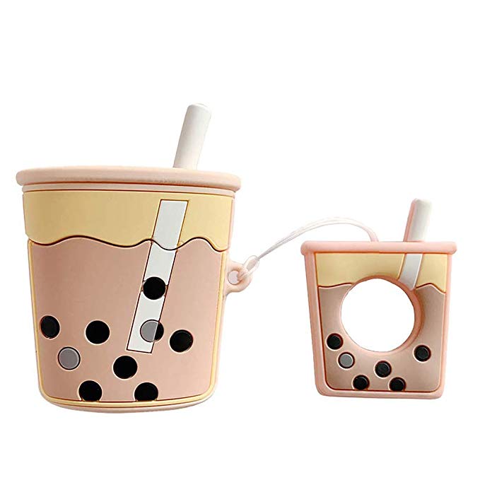 AirPods Milk Tea Case, Cute Airpods Cartoon Case,AKXOMY Accessories Kits Protective Silicone Cover and Skin for Apple Airpods Charging Case/Airpods Staps/Airpods Clips/Airpod Case (Milk Tea)